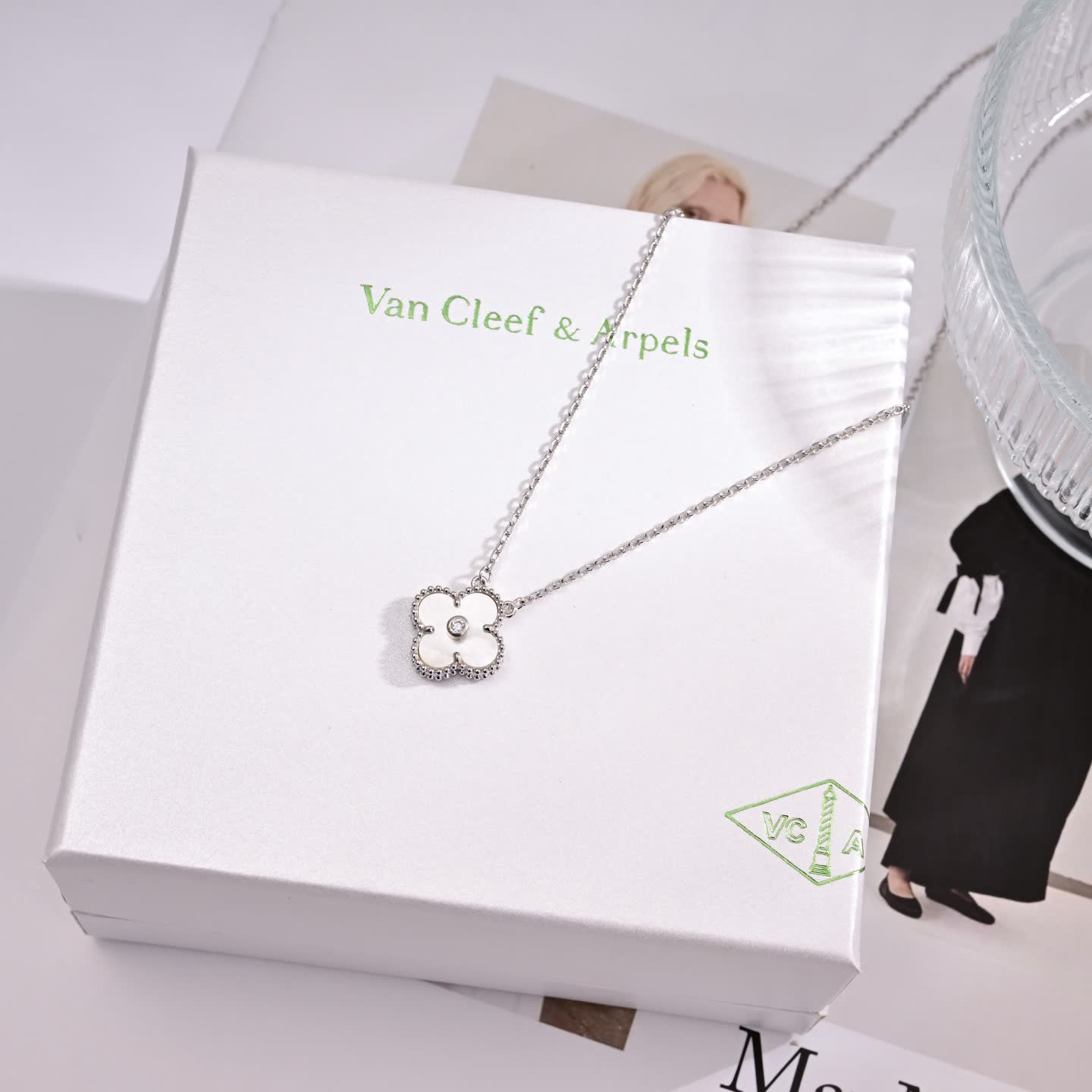 Van Cleef & Arpels Vintage Alhambra White Enamel Diamond Necklace